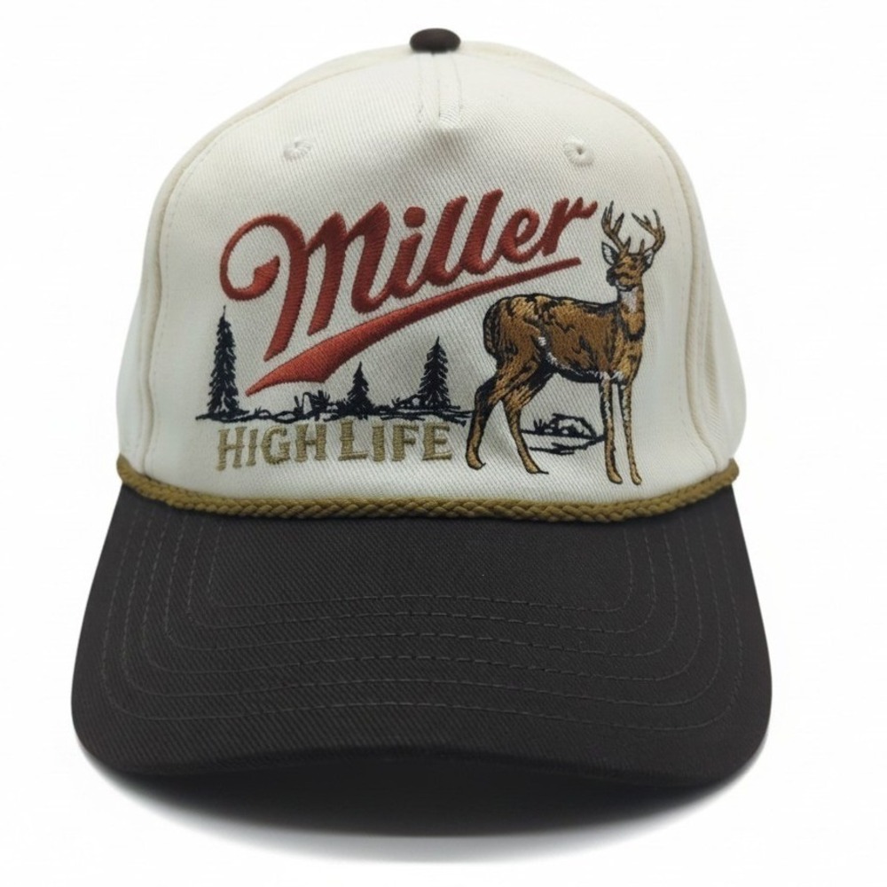 Miller High Life Deer Embroidered Snapback Hat Cream Brown Mad Engine Beer Cap